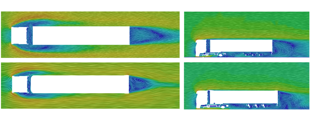 Four computer-generated images show fluid dynamics around a truck, using color-coded vectors to depict air flow. The images illustrate various perspectives and flow patterns. The truck is represented as a white silhouette against the colorful flow patterns.